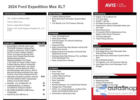 2024 Ford Expedition Max Xlt из США, поврежденный, VIN 1FMJK1H8XREA35896